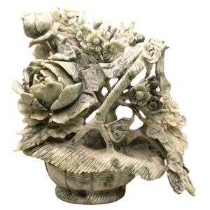 Antique Chinese Jadeite Jade "Flower Blossoms in a Basket" Hand Carved Sculpture